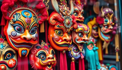 Fototapeta premium Vibrant Chinese celebration masks artistically arranged in a shop window, showcasing intricate details and festive colors, spring, craft