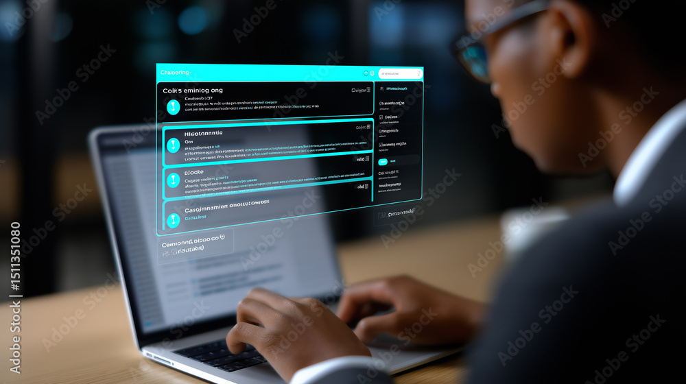 Poster professional man working on a laptop with floating digital ui elements, representing futuristic onli