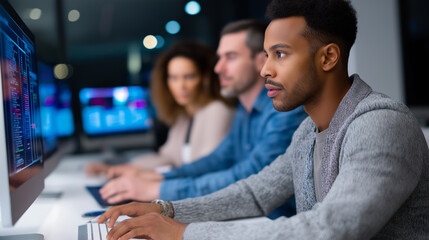 Focused group of developers working on code at computer monitors in a modern tech office.  
