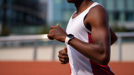 Close-up of athletic man jogging on a track while wearing a fitness smartwatch.  
