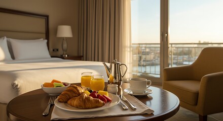 Elegant Hotel Room: Sunrise Breakfast with Croissants