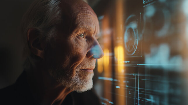 Elderly man wearing glasses looking thoughtfully at digital data graphics reflected on a screen.
 - Powered by Adobe