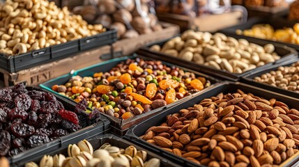 A display of assorted nuts and dried fruits in black containers at a market stall setting