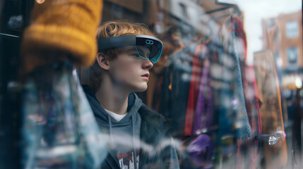 Young man wearing augmented reality glasses observing digital overlays through a shop window in an urban environment.
