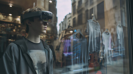 Young man wearing augmented reality glasses observing digital overlays through a shop window in an urban environment.
