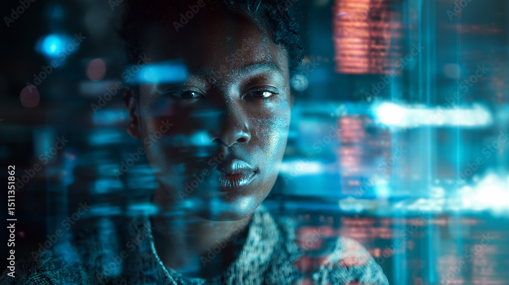 Poster focused woman analyzing digital data reflected across a transparent screen interface.
