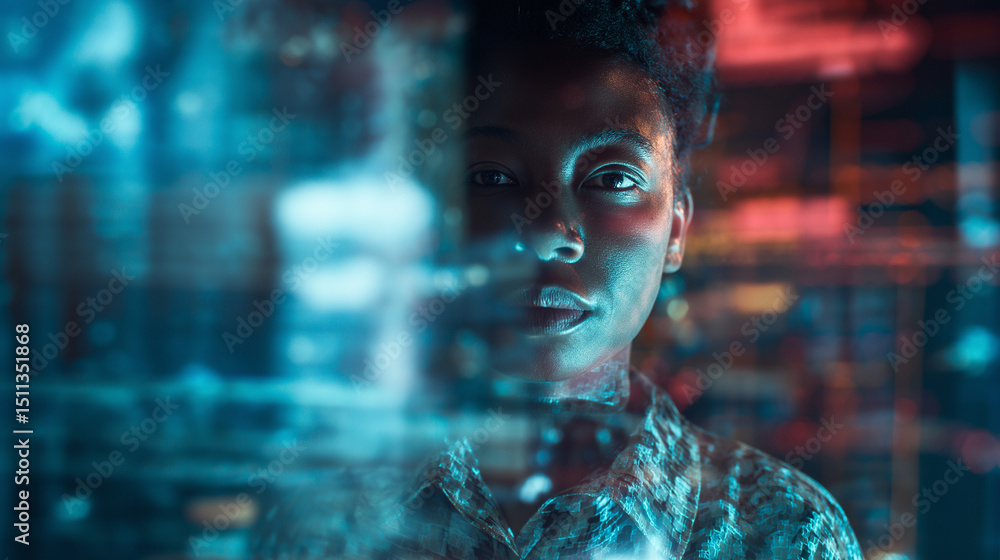 Poster focused woman analyzing digital data reflected across a transparent screen interface.