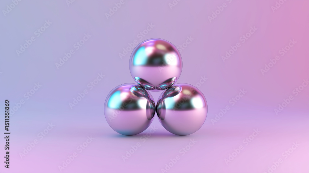 Poster three glossy metallic spheres arranged in a triangle on a soft pastel gradient background.