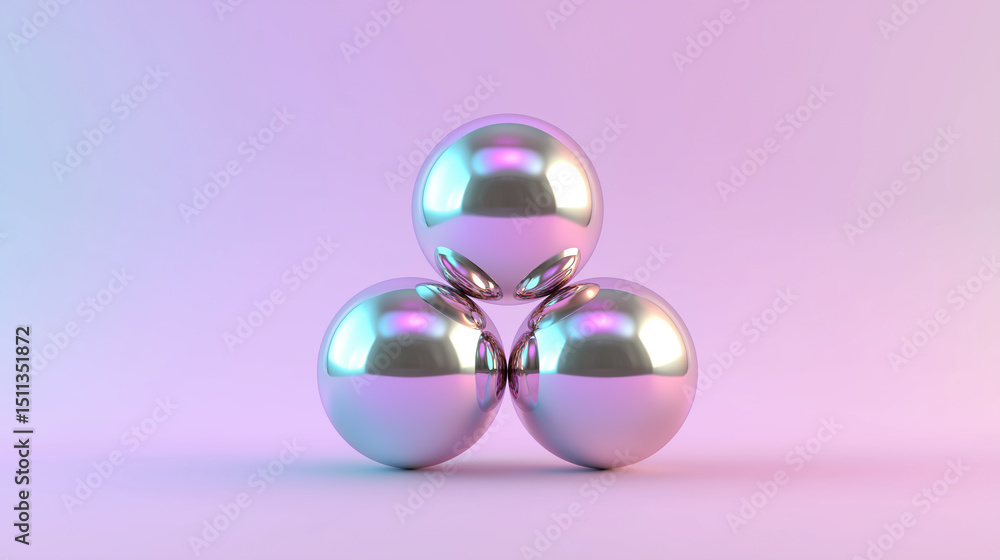 Aufkleber three glossy metallic spheres arranged in a triangle on a soft pastel gradient background.