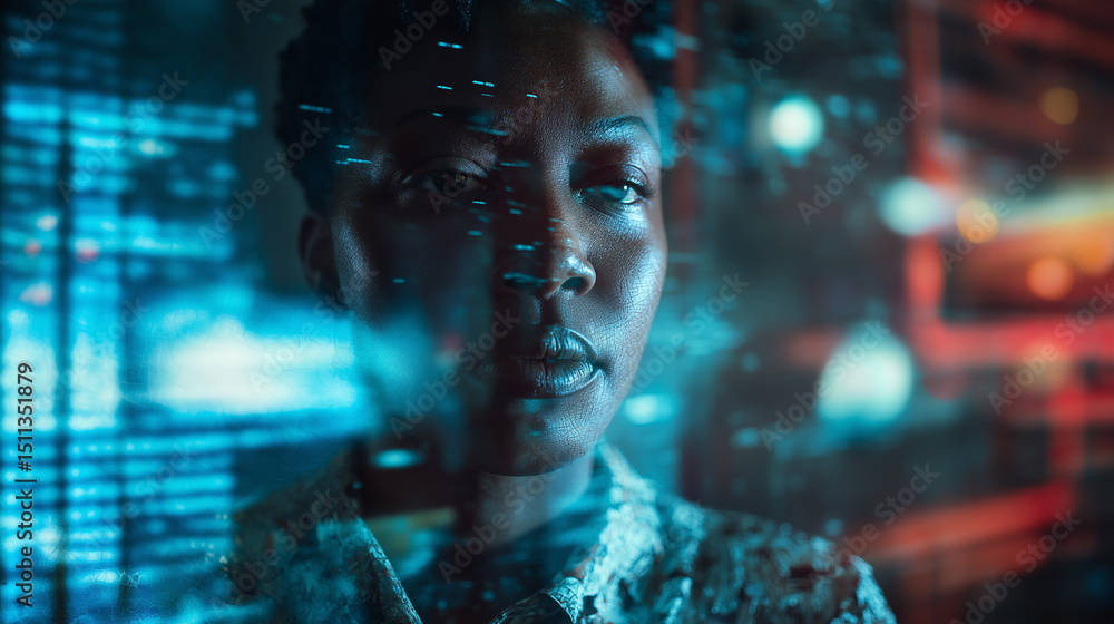 Poster focused woman analyzing digital data reflected across a transparent screen interface.