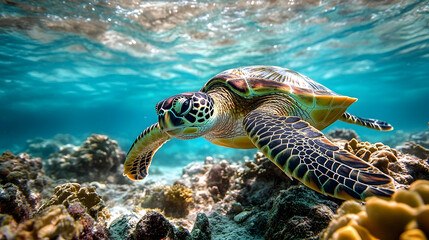 Fototapeta premium Sea turtle swimming over coral reef.