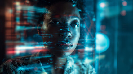 Focused woman analyzing digital data reflected across a transparent screen interface.
