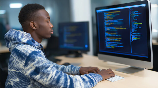 Focused young programmer in a hoodie working on code across multiple monitors in a modern office.
