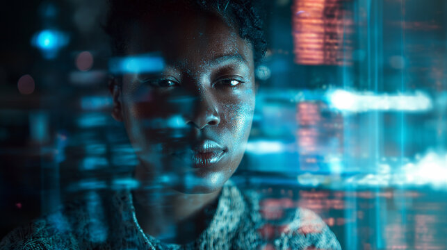 Focused woman analyzing digital data reflected across a transparent screen interface.
