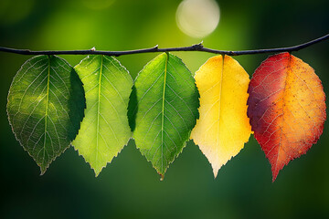 A row of leaves showcasing the transition of colors.