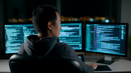 Rear view of a person in a hoodie coding at a computer screen filled with colorful programming text.
