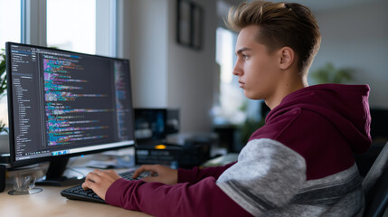 Focused young programmer in a hoodie working on code across multiple monitors in a modern office.
