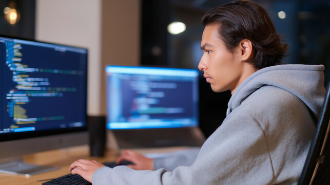 Rear view of a person in a hoodie coding at a computer screen filled with colorful programming text.
