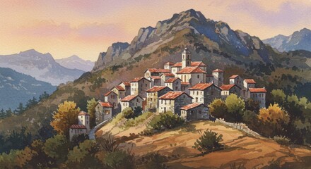 Fototapeta premium Hillside Village Watercolor Painting Mountain View