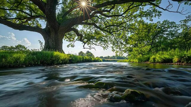 Tranquil stream through lush meadow underneath large tree footage