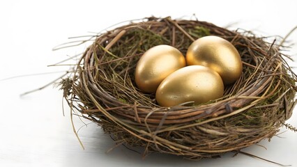 Obraz premium Three glistening golden eggs nestled in a rustic birds nest, a symbol of wealth and security, resting on a white background.