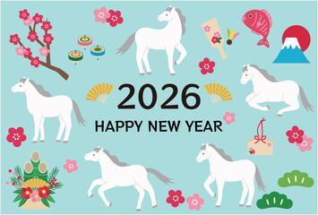 2026年午年の年賀状テンプレート。白馬、かわいい、縁起物、ベクター、うま