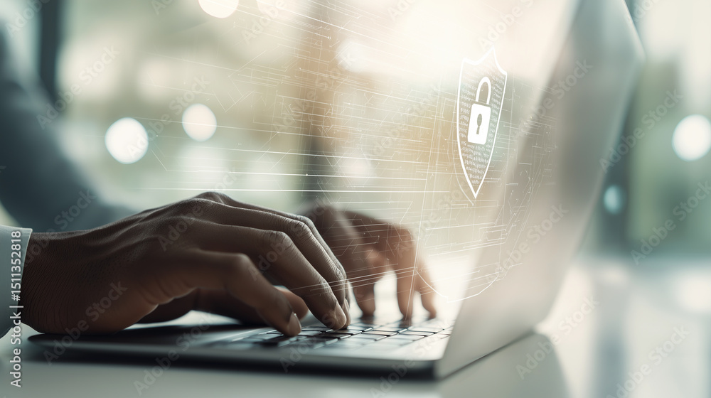 Poster close-up of hands typing on a laptop with a digital lock icon symbolizing cybersecurity and data pro