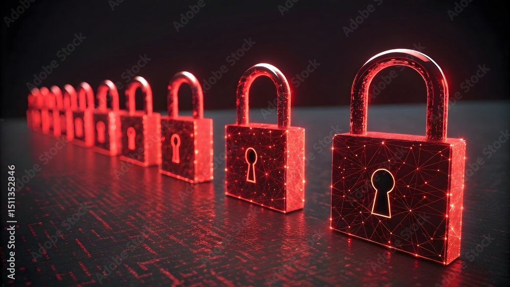 Aufkleber cybersecurity a row of glowing red padlocks represents digital security and data protection, symboli