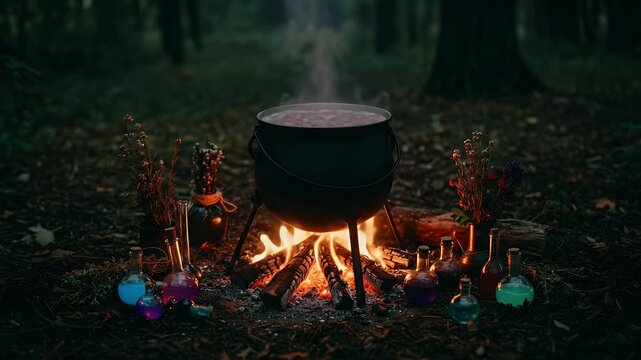 A bubbling cauldron surrounded by colorful potions in a mystical forest during twilight, evoking a sense of magic and enchantment