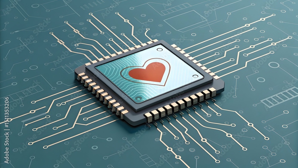 Poster digital heart a microchip displays a heart symbol, symbolizing the intersection of technology and em