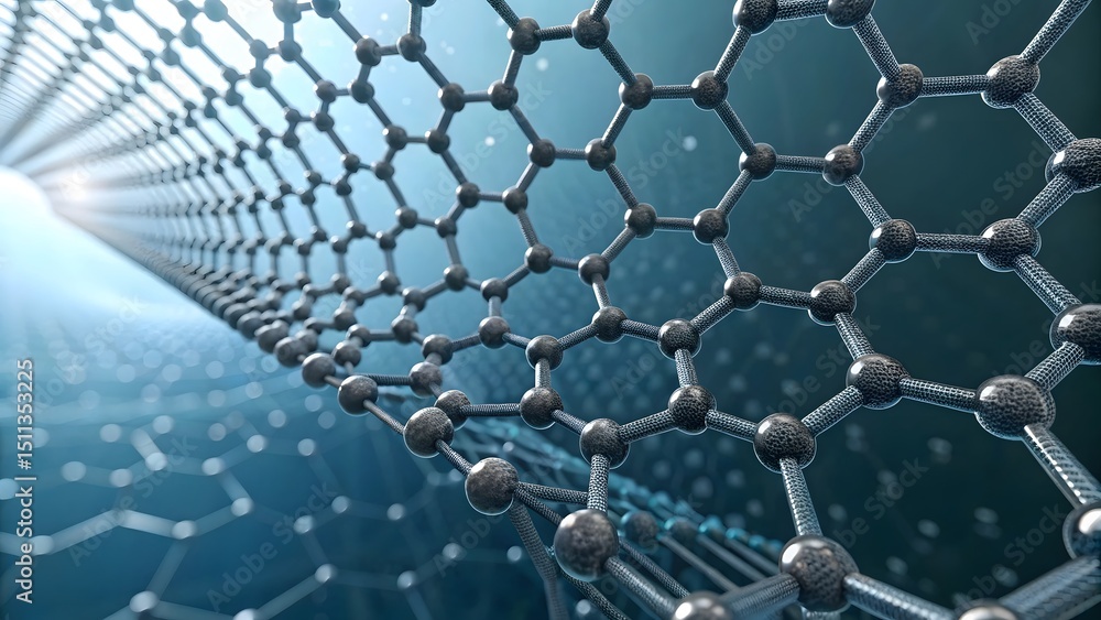 Poster exploring the microscopic world a 3d render of a carbon nanotubes intricate hexagonal lattice struct
