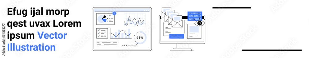 Poster data analytics, graphs, coding, and design tools on screens. ideal for technology, innovation, busin