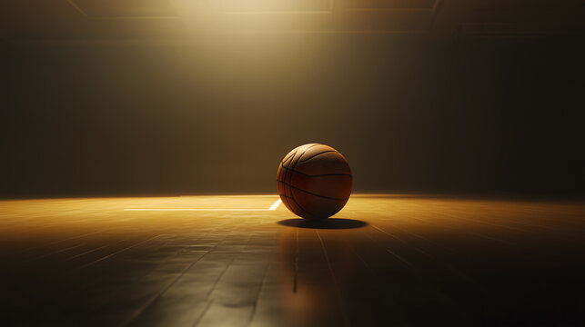 Dramatic Low Light Shot of Basketball on Hardwood Court
