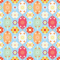 Seamless vector Easter egg and flower pattern illustration with pink floral decoration for spring holiday design
