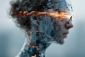 Futuristic developer portrait merged with augmented reality layers, interactive tech theme