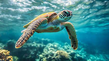 Fototapeta premium Oceanic sea turtle swimming in vibrant coral reef waters.