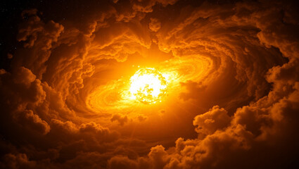 Fiery Celestial Vortex A Stunning Image of a Galactic Core Surrounded by Swirling Orange Clouds
