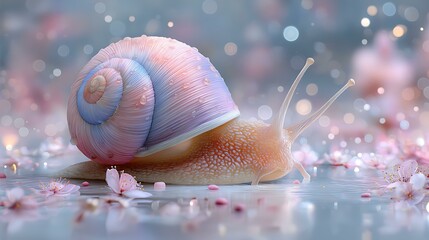 Whimsical Macro of Snail Navigating Fantasy Flora: A Serene and Vibrant Spring Composition in Pastel Colors with Ethereal Reflections and Delicate Texture