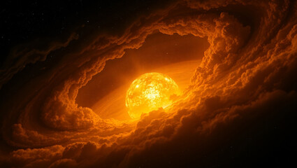 Fiery Celestial Body Emerging from Storm Clouds A Dramatic Space Scene