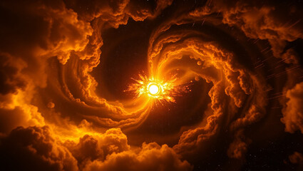 Fiery Celestial Vortex Abstract Art of a Burning Sun Emerging from Swirling Clouds