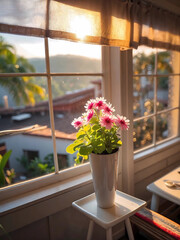 pink daisy flowers in small vase in sunlight by the window