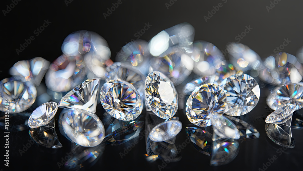 Poster a collection of diamonds of various cuts and sizes is arranged on a reflective black surface, sparkl