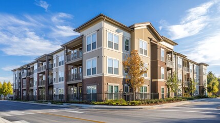 A modern apartment building with balconies, located in a residential area with a clear blue sky and green trees in the background.