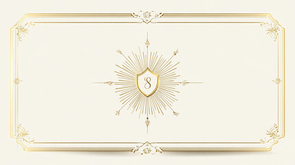 Elegant, simplified horizontal invitation card template with a golden frame, simple sunburst and shield decoration in the center, and a white background .