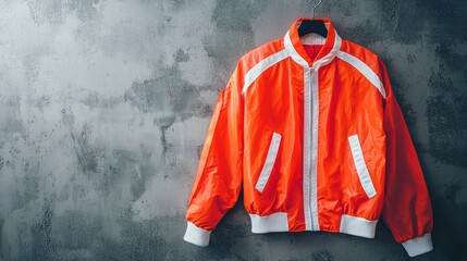 A bright orange and white jacket hanging on a hook against a textured concrete wall.