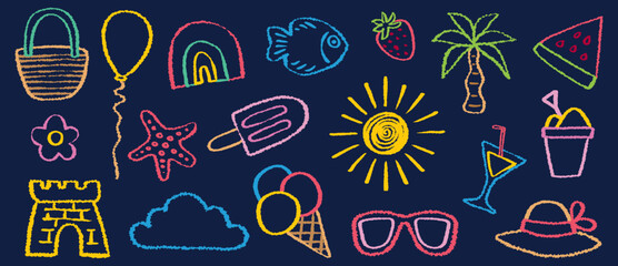 Chalk or Crayon Kid Draw with Summer Vacation Theme on Doodle Scribble Style for Kindergarten School, Palm Tree, Tropical, Beach etc in Vector © kawacreative