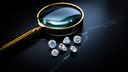 A magnifying glass rests next to a collection of shimmering diamonds on a polished dark surface. The glass enhances the visible facets of the gems, showcasing their intricate designs