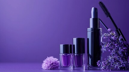 A purple and black bottle of mascara with a black brush and purple flowers on a purple background.