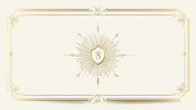 Elegant, simplified horizontal invitation card template with a golden frame, simple sunburst and shield decoration in the center, and a white background .