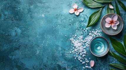 A serene, tranquil scene featuring a single pink flower with green leaves on a blue-green textured background